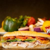 Club Sub · (Toasted roll) turkey, ham, bacon, Swiss cheese, green leaf lettuce, tomatoes, mayo.