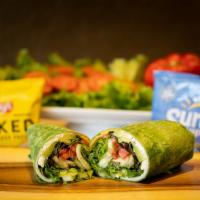 Veggie Wrap · Provolone, Cheddar, and Feta cheese, mixed greens, tomatoes, avocado, cucumbers, sprouts, pi...