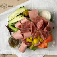 Antipasto · Mixed greens, salami, mortadella and Provolone cheese, cucumbers, tomatoes, and pepperoncinis.