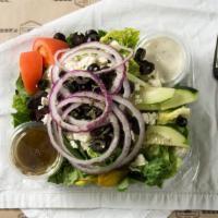 Greek Feta Salad · Mixed greens, cucumbers, tomatoes, onions, capers, oregano, olives, Feta cheese, and peppero...