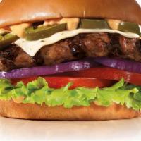 The 1/3Lb. Jalapeño Thickburger® · A 1/3lb. Charbroiled Black Angus Beef Patty, American Cheese, Two Slices of Tomato, Red Onio...
