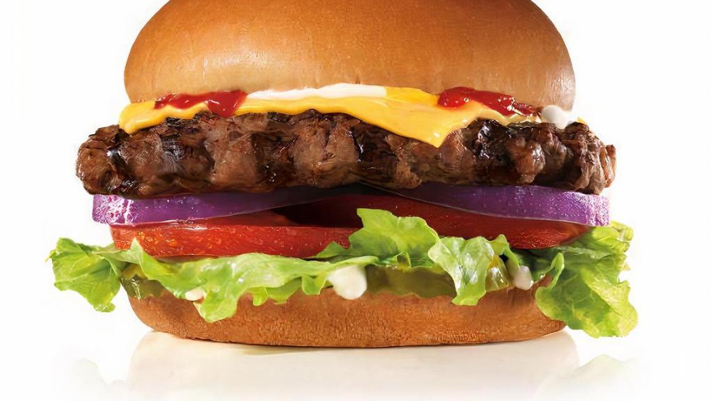 Original Angus Burger · A 1/3lb. Charbroiled Angus Beef Patty, Melted American Cheese, Lettuce, Two Slices of Tomato, Red Onions, Pickles, Mustard, Mayonnaise and Ketchup, served on a Premium Bun.
