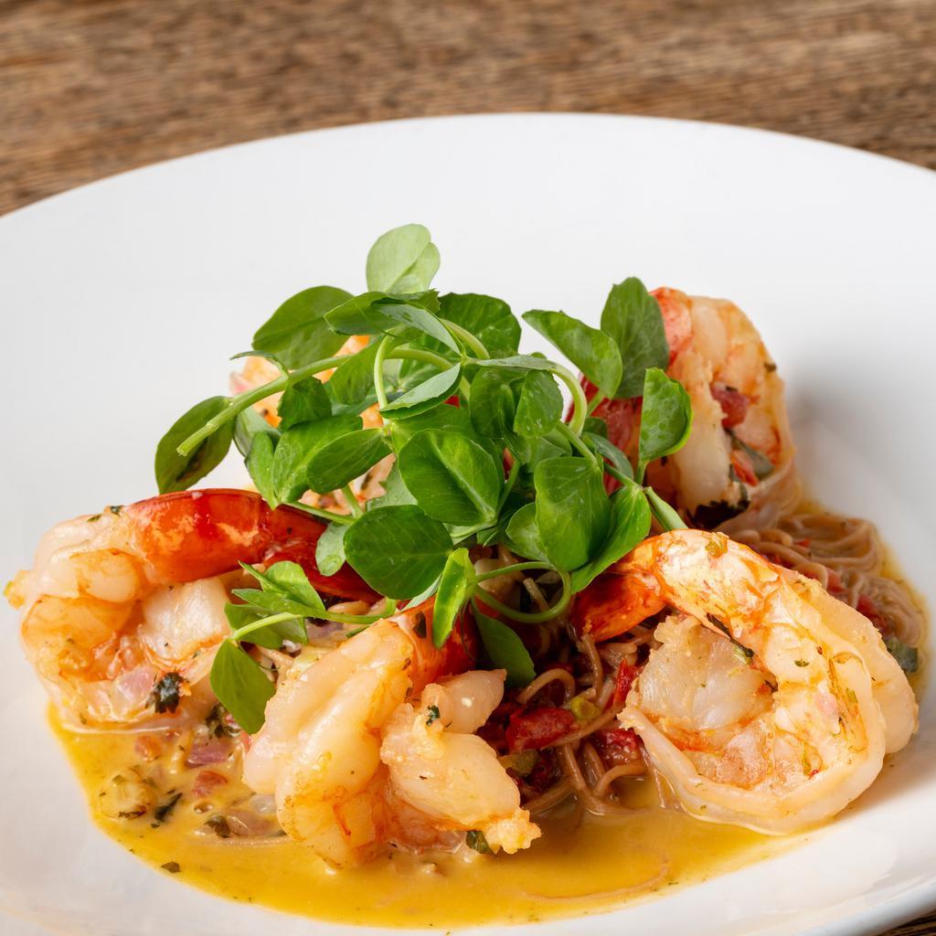 Baja Shrimp Scampi · Contains gluten. Seared shrimp, stewed tomatoes, garlic, fideos noodles, white wine butter sauce.