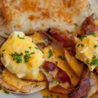 Bacon Benedict · Hardwood smoked bacon layered between two eggs and an english muffin.