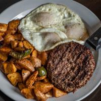Burger And Eggs · Three eggs cooked your way and a charbroiled ½ pound fresh burger patty. Beyond vegan patty ...