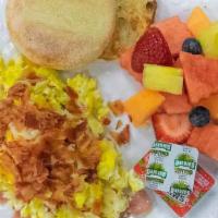 Scrambled Bistro Special · Two scrambled eggs with minced ham, onion, cheese, bacon, mixed fruit, toasted English muffi...