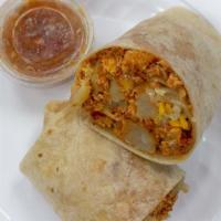 Chorizo Burrito · Egg, spicy chorizo sausage and cheese on your choice of tortilla and with sour cream on the ...