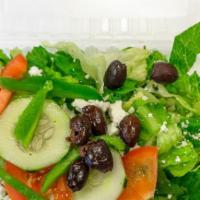 Greek Salad · Romaine lettuce, feta cheese, tomatoes, cucumbers, bell peppers, kalamata olives with Greek ...