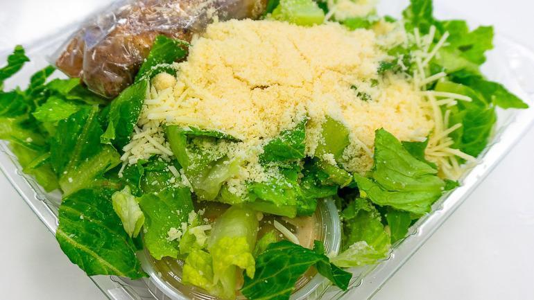 Caesar Salad · Romaine lettuce, homemade croutons, shredded, and grated Parmesan cheese with caesar dressing on the side.
