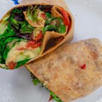 Hummus Wrap · Homemade hummus, lettuce, cucumber, sprouts, tomatoes, bell pepper and pepperocini on your c...