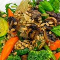 Vegan Power Bowl · Mixed lettuce greens, baby spinach, sautéed carrots, broccoli, caramelized onion, asparagus ...