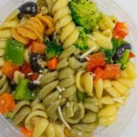 Pasta Salad · Tri colored twisty pasta, bell peppers, broccoli, olives, tossed with Italian dressing, shre...