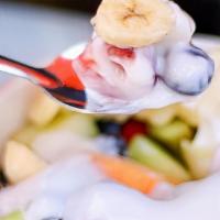 Granola & Fresh Fruit Bowl · Our famous homemade granola served with steamed milk, yogurt or soy milk and fruit.