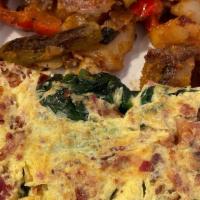 Popeye Omelette · Omelette spinach, bacon, onions, mushrooms, cheese, tomatoes.