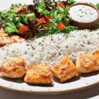 Chicken Kabob Plate · Succulent pieces of boneless chicken tenders. Plates include: Basmati rice, pita bread, tzat...