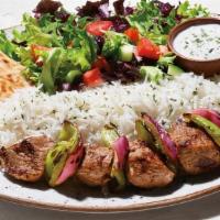 Bistro Beef Kabob Plate · Marinated pieces of tender beef skewered with onion and bell pepper. Plates include: Basmati...