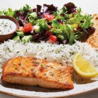 Grilled Salmon Plate · Kosher salmon filet simply seasoned and grilled. Plates include: Basmati rice, pita bread, t...