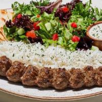 Koobideh Kabob Plate · Seasoned minced beef kabob made with all-natural ground beef and seasonings. Plate includes ...