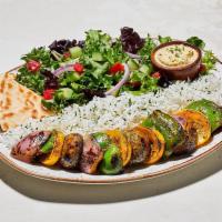 Veggie Kabob Plate · Grilled marinated button mushrooms, yellow squash, onion and bell pepper. Served with a side...