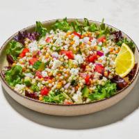Mediterranean Salad · Pearled couscous, diced tomato, chopped cucumber, red onion, mint, parsley, scallions, feta ...