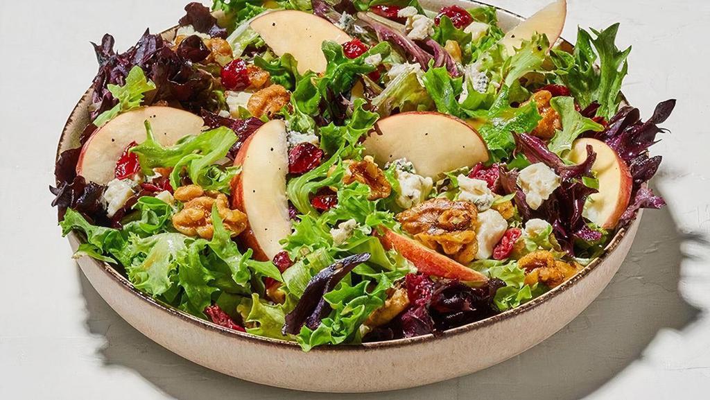 Apple Walnut Salad · Sliced apple, crumbled gorgonzola, candied walnuts, dried cranberries, lettuce medley,  pomegranate vinaigrette (340 Cals).  Pita bread (+110 Cals).  Add on chilled chopped chicken (+150 Cals), falafel (+250 Cals), or gyro (+350 Cals)