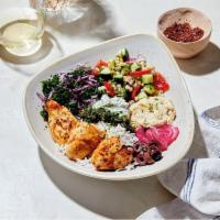 Santorini Bowl · Pearled couscous, tzatziki, hummus, kale medley, pickled onions, schug, olives, basmati rice...