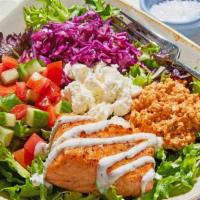 Luna Vida Keto Bowl · Grilled sustainable Salmon served on top of a bed of lettuce with lemon vinaigrette, spicy f...