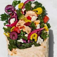 Modern Greek Wrap · Kale medley, tomato, cucumber, housemade pickled onions, olives, feta cheese, sliced peppero...