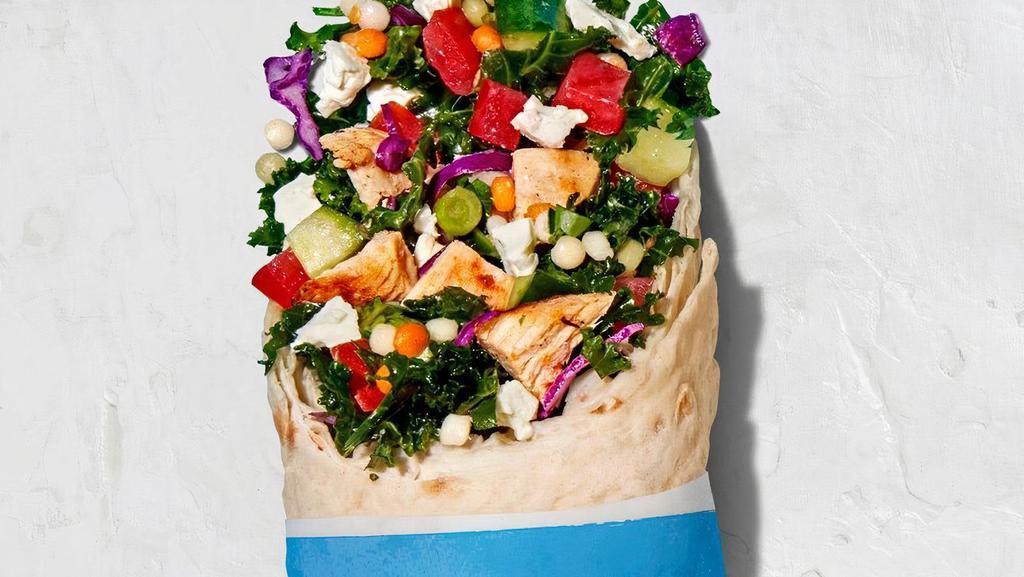 Mediterranean Wrap · Kale medley, pearled couscous, diced tomato, cucumber, red onion, mint, parsley, scallions, feta cheese, and house vinaigrette wrapped in multigrain lavash.. *Make it vegetarian with falafel