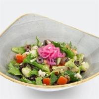 Side Modern Greek Salad · Lettuce medley, feta cheese, Greek olives, sliced pepperoncini, tomato, cucumber, house pick...