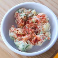 Potato Salad · Vegan.  Vegetarian.  Gluten Free. Potatoes, pickled cucumber, carrot, veganaise.