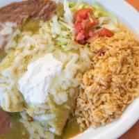 Verdes · Your choice of cheese, chicken, or pork with tomatillo sauce and sour cream.