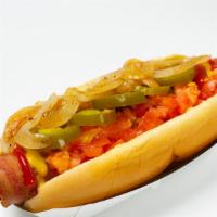 Street Dog  · Bacon wrapped hot dog, ketchup, mustard, mayo, tomatoes, grill onions & jalapeno.