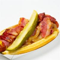 Pastrami Dog · Pastrami, mustard,  grilled onions & picke spear