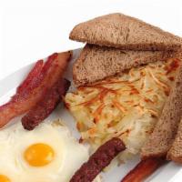 Bacon & Eggs · Served with hash browns, tortillas or toast, and jelly.