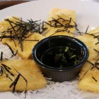 Organic Agedashi Tofu · Lightly fried, ponzu sauce, green onion, dried seaweed.