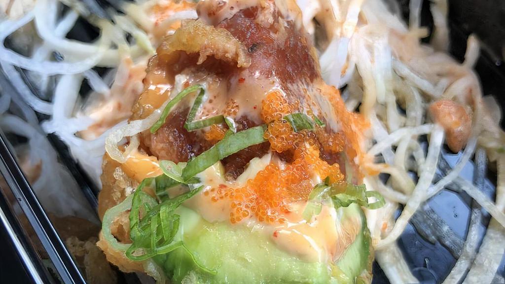 Fried Avocado · Stuffed with cream cheese and spicy tuna.