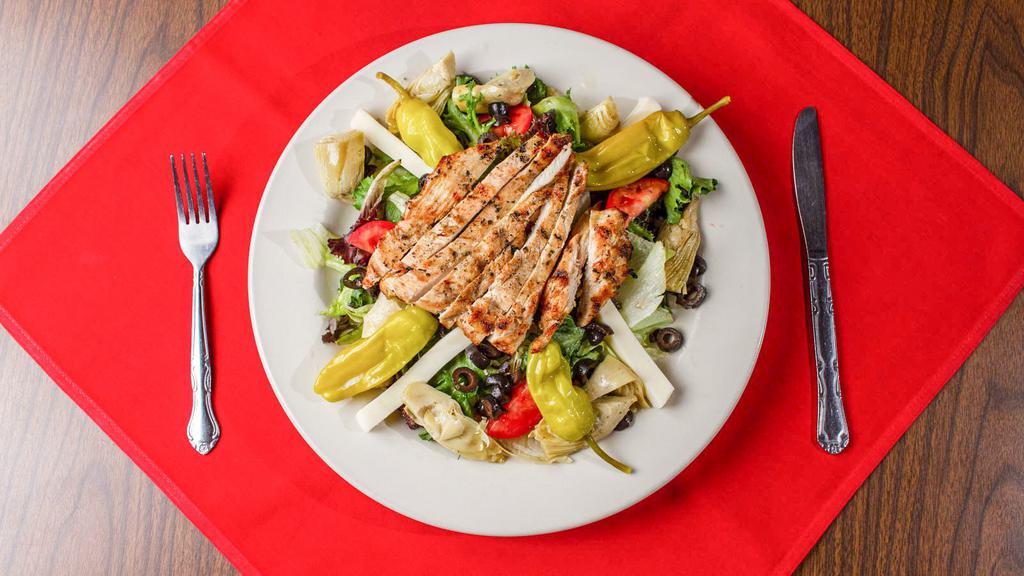 Grilled Chicken Salad · Lettuce, tomato, mozzarella cheese, artichoke, olives, pepperoncinis