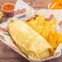 Bean, Rice, & Cheese Burrito · Slow cooked refried beans and rice, with shredded cheddar cheese