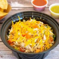 Healthy Chicken Bowl · Shredded chicken, whole beans, rice, lettuce, pico de gallo, cheese, side of chips