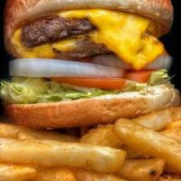 Double Cheeseburger With Fries · Two grilled halal beef patties seasoned with two slices of melted American cheese, lettuce, ...