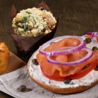 Nova Lox Brunch Special · Nova Lox Sandwich, Twice-Baked Hash Brown and a Blueberry Muffin.