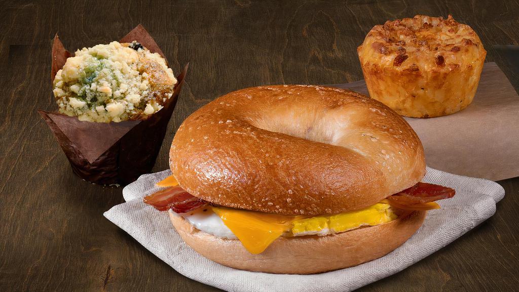Bacon & Cheddar Brunch Special · Bacon & Cheddar Egg Sandwich, Twice-Baked Hash Brown and  Blueberry Muffin.