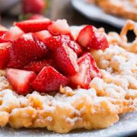 Strawberry Funnel · Funnel cake with powder sugar, strawberry topping