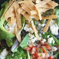 La Revolucion Salad · Green Mix, rice, beans, corn, cheese, pico de gallo, avocado, tortilla strips and ranch mang...