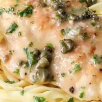 Chicken Piccata · Sautéed with bacon, mushrooms, artichoke hearts, capers and asparagus in lemon butter sauce ...