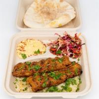 Chicken Lule Kabob Plate · (ALL THE PLATES ARE SERVED WITH PITA BREAD, RICE & CHOICE OF SALAD.  
RICE CAN BE CHANGED WI...