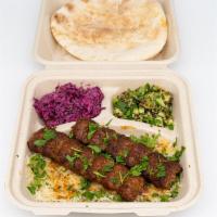 Beef Lule Kabob Plate · (ALL THE PLATES ARE SERVED WITH PITA BREAD, RICE & CHOICE OF SALAD.  
RICE CAN BE CHANGED WI...