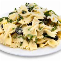 Marco Polo Pasta Salad · Bowtie pasta, with olives, parmesan, and parsley