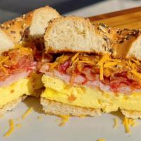 H.E.B Sandwhich · Cheddar, Ham, Egg, and Bacon sandwich with mayo on a an everything bagel